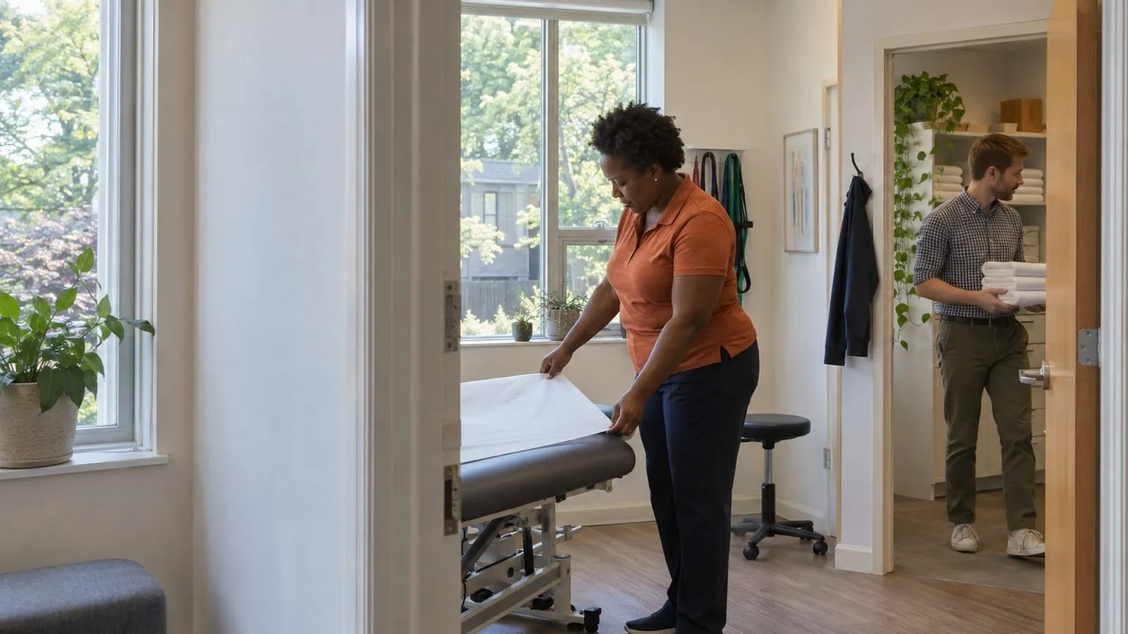 Two Northlight clinic staff preparing a treatment room between visits