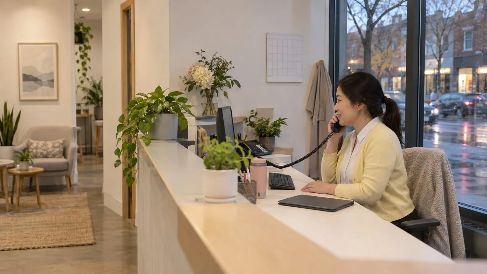 A clinic coordinator arranging a booking by telephone at the Northlight reception desk