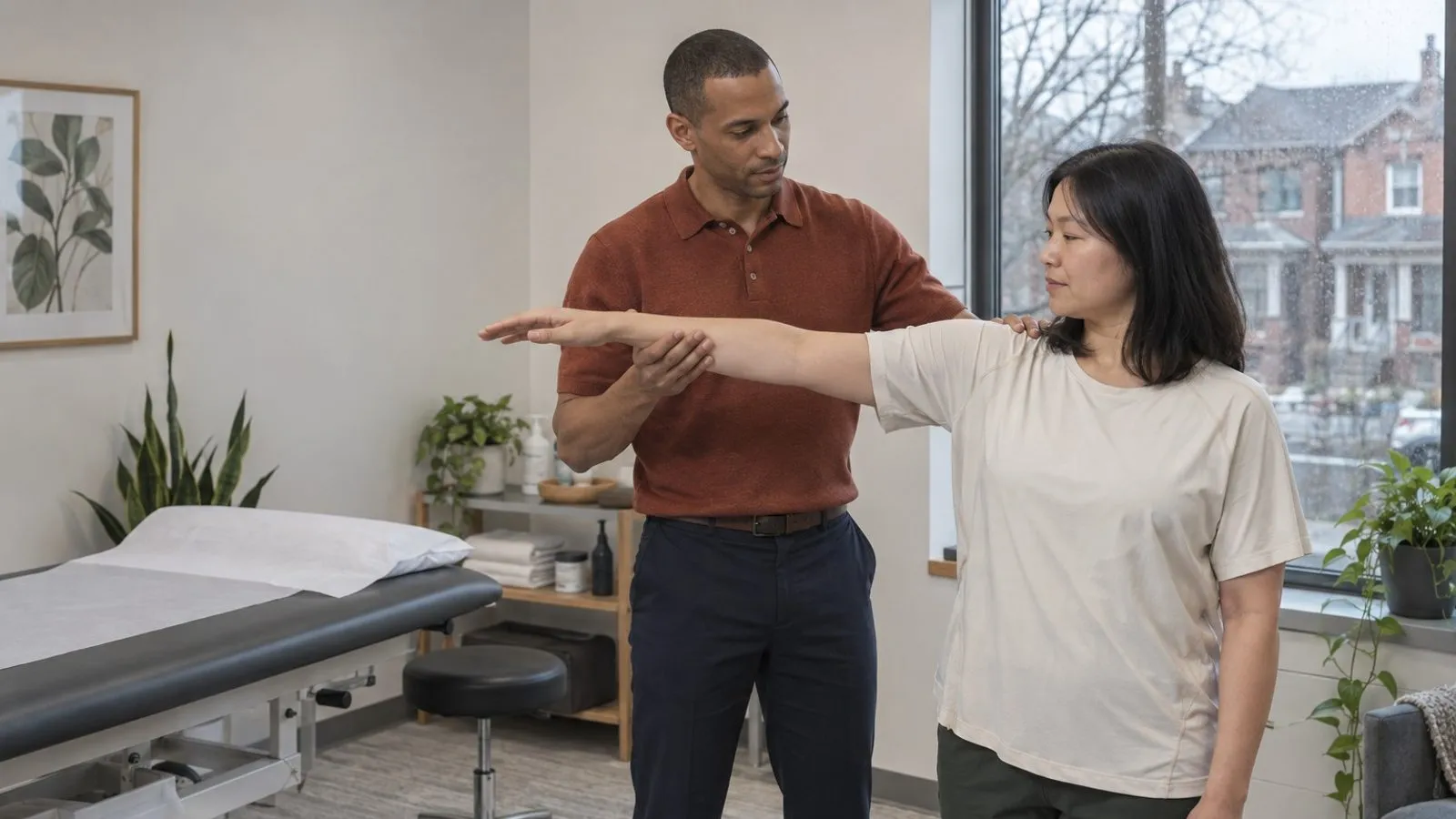 A physiotherapist carefully checks a patient’s shoulder movement in a private assessment room