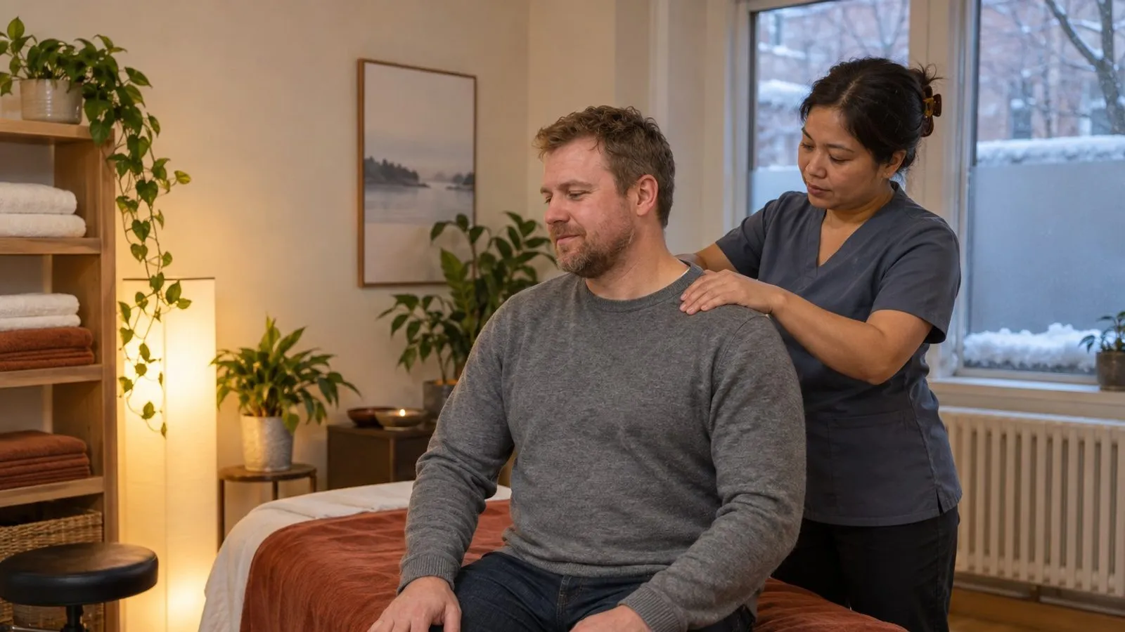 A physiotherapist carefully checks a patient’s shoulder movement in a private assessment room