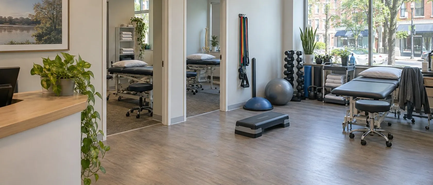 A wide view through Northlight's bright Bloor West clinic showing treatment tables, exercise equipment and daylight, with no patients present.