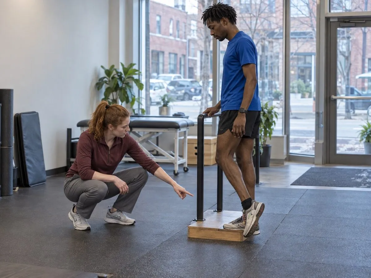 An adult recreational runner completing a guided calf-strength exercise with a physiotherapist in the clinic exercise area.