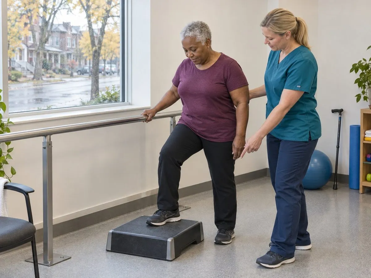 An adult recovering from knee surgery practising a controlled step exercise while a physiotherapist observes nearby.