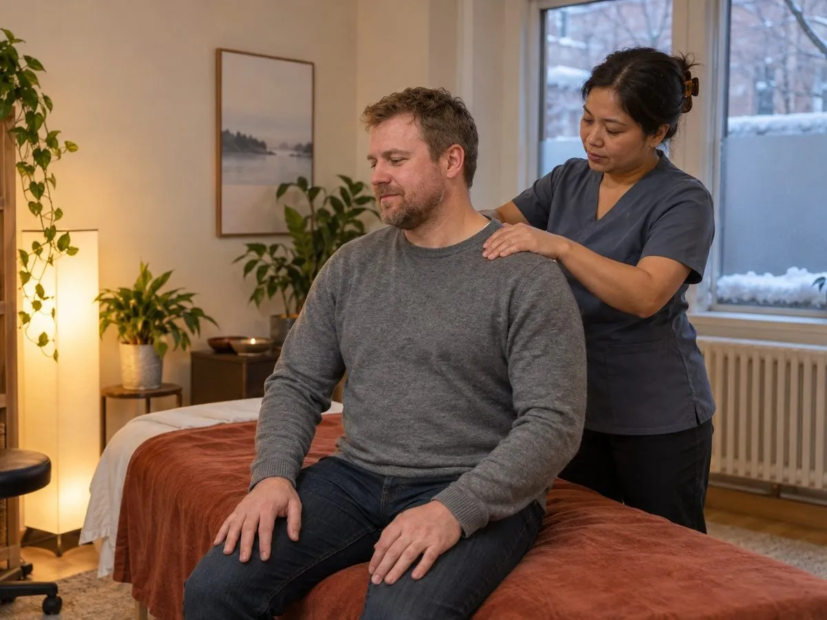 A massage therapist providing hands-on treatment for an adult patient's upper back in a calm private treatment room.